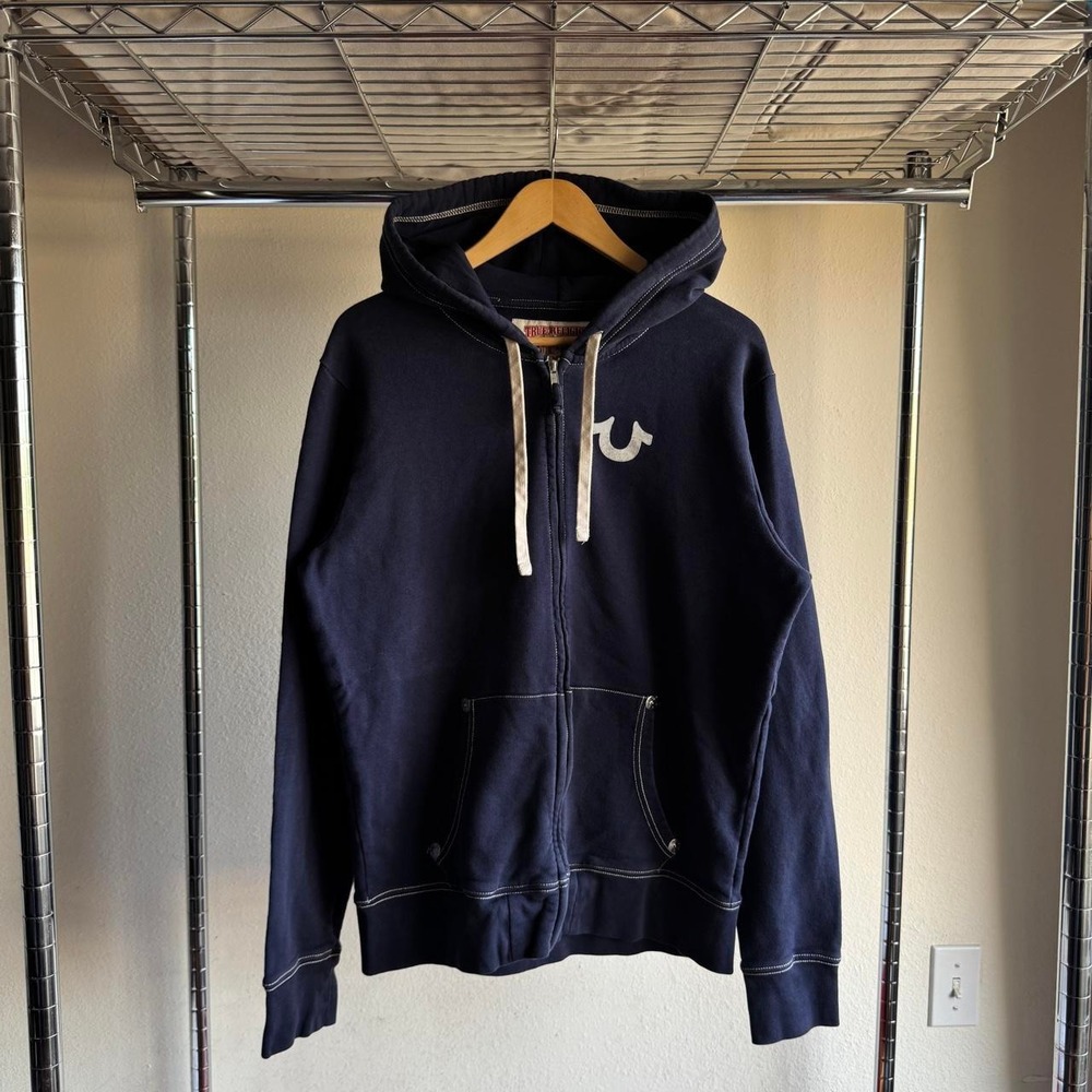 True Religion Navy Zip Up Hoodie World Tour Buddha Graphic XL Contrast Stitching